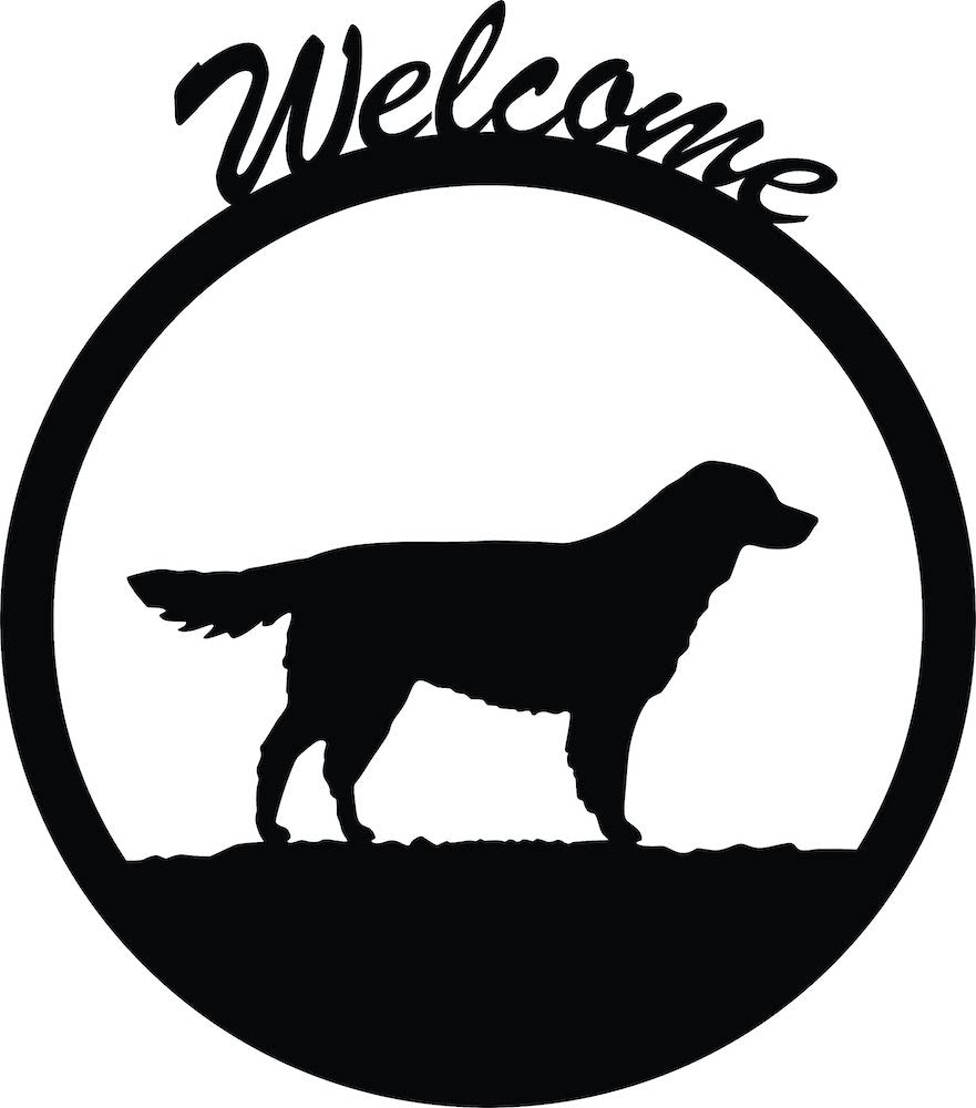 Black MDF wall art featuring a silhouette of a dog within a circular frame and the word "Welcome" on top, zooming the product.