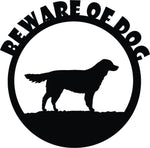 Black circular warning board for entrance featuring a dog silhouette and the text 'BEWARE OF DOG,' the image is the enlarged picture of the product.