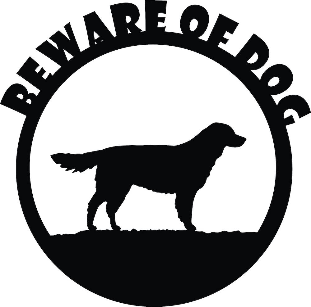 Black circular warning board for entrance featuring a dog silhouette and the text 'BEWARE OF DOG,' the image is the enlarged picture of the product.
