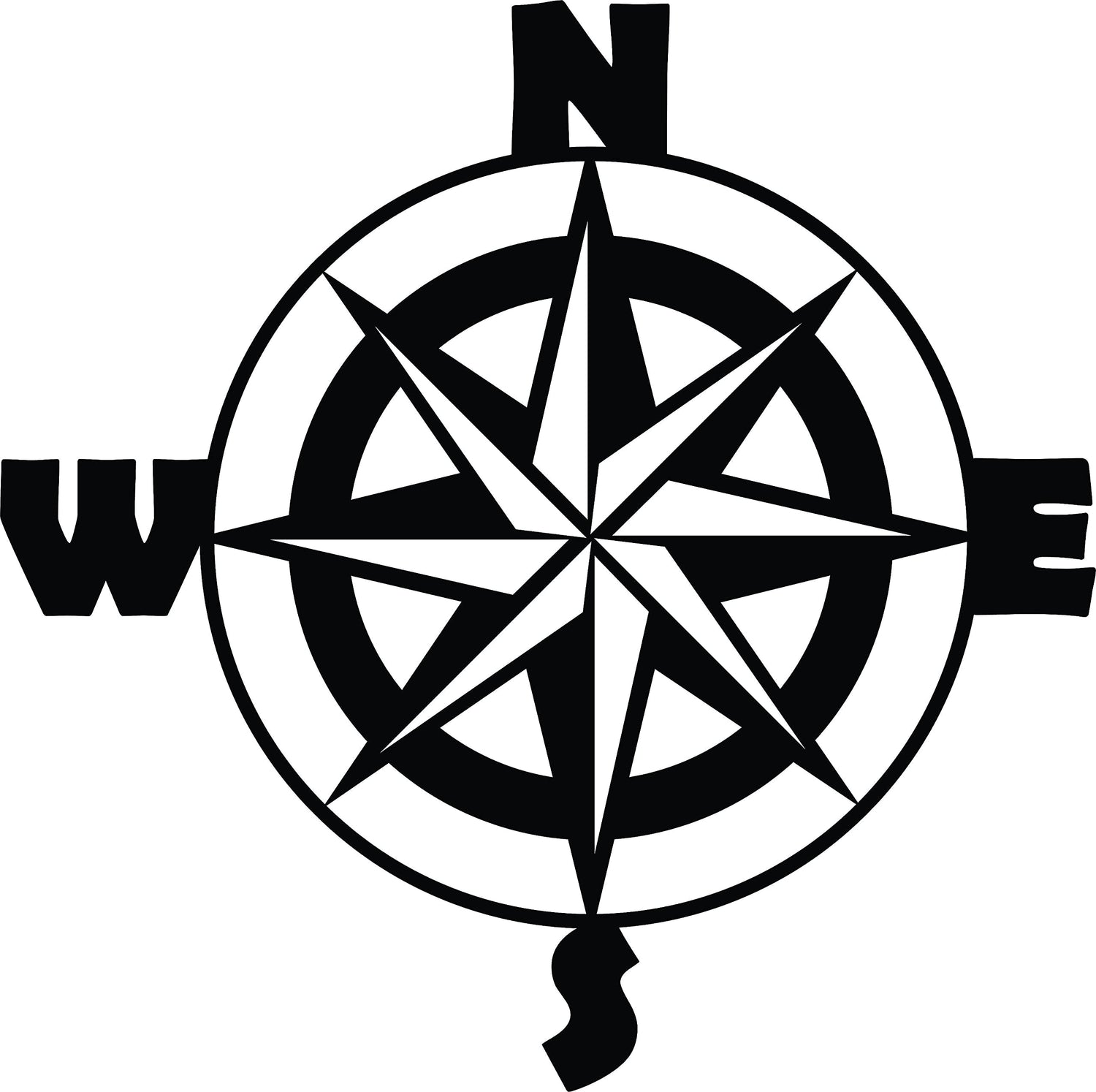 Black wall art featuring a compass design with cardinal directions (N, S, E, W), zooming on the product.