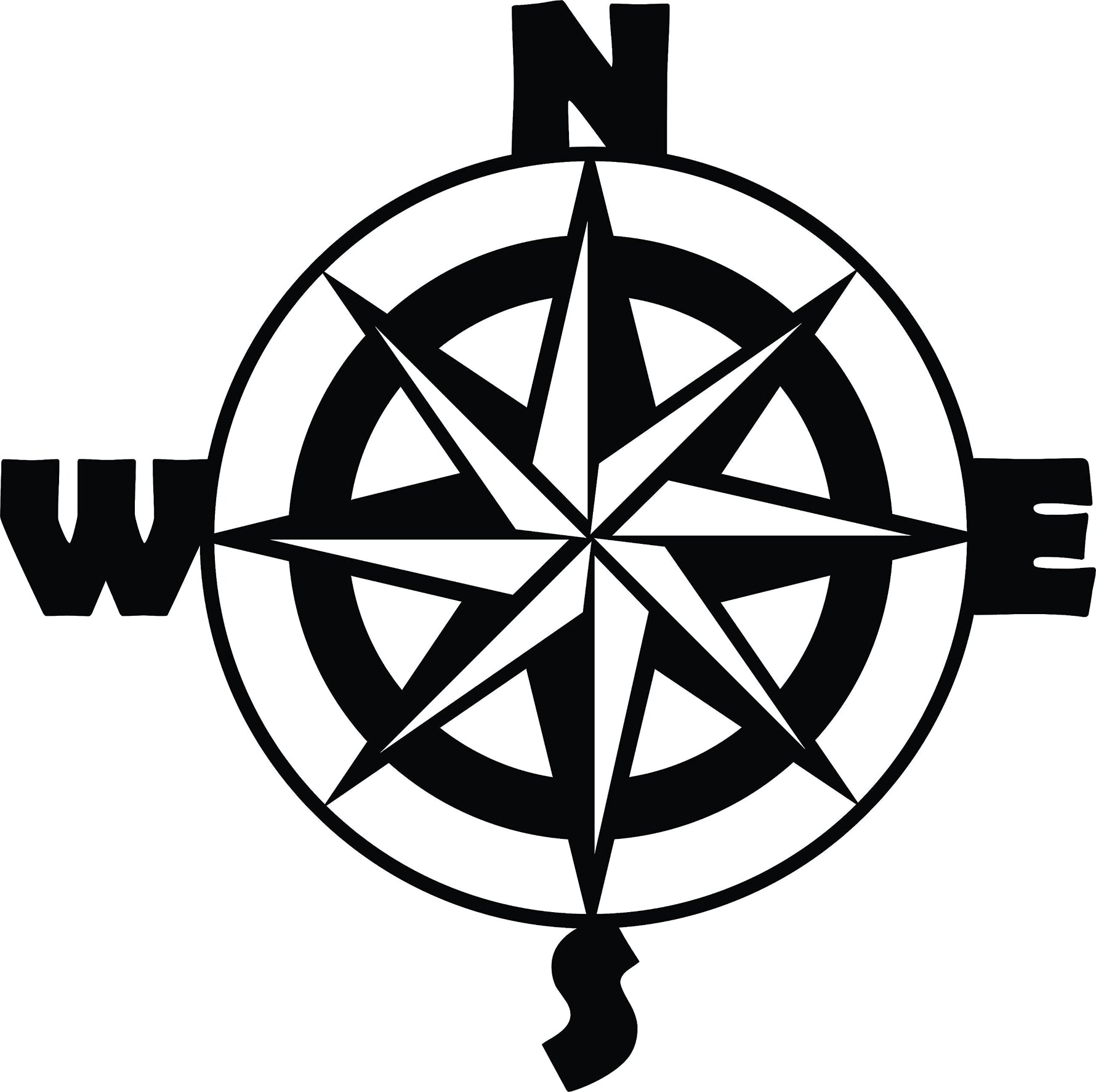 Black wall art featuring a compass design with cardinal directions (N, S, E, W), zooming on the product.