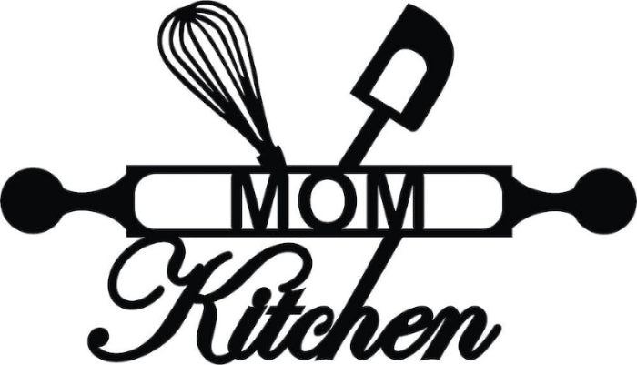 Black MDF wall art featuring the phrase "MOM Kitchen" with a rolling pin, whisk, and spatula design, focusing on the product.