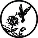 Circular hummingbird wall art in black featuring a bird hovering near a rose, the image is the enlarged picture of the product