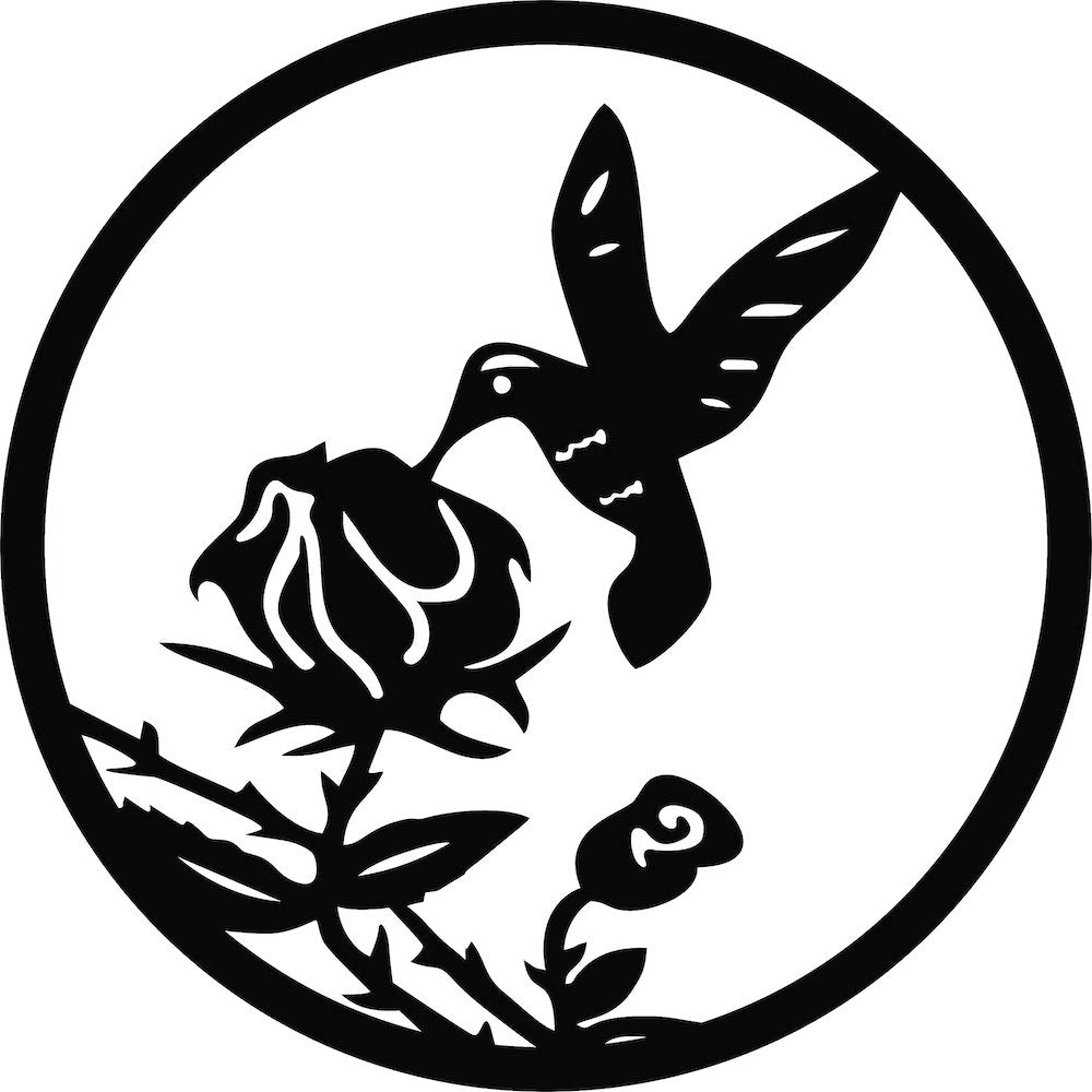 Circular hummingbird wall art in black featuring a bird hovering near a rose, the image is the enlarged picture of the product