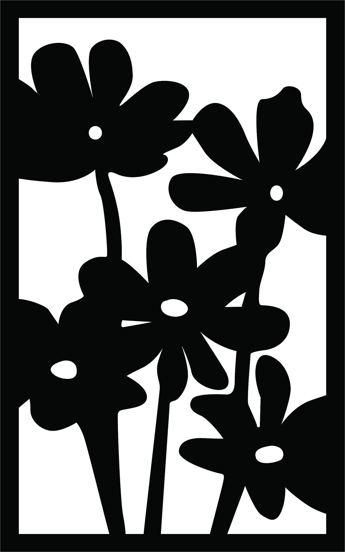 Black wall decor featuring a vertical arrangement of a bunch of flowers, the enlarged image of the product.