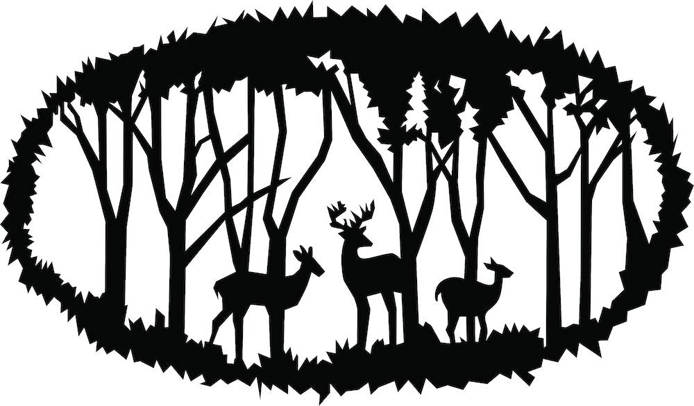 Black jungle wall decor featuring a silhouette of trees and deer in an oval design, the image is the enlarged picture of the product.