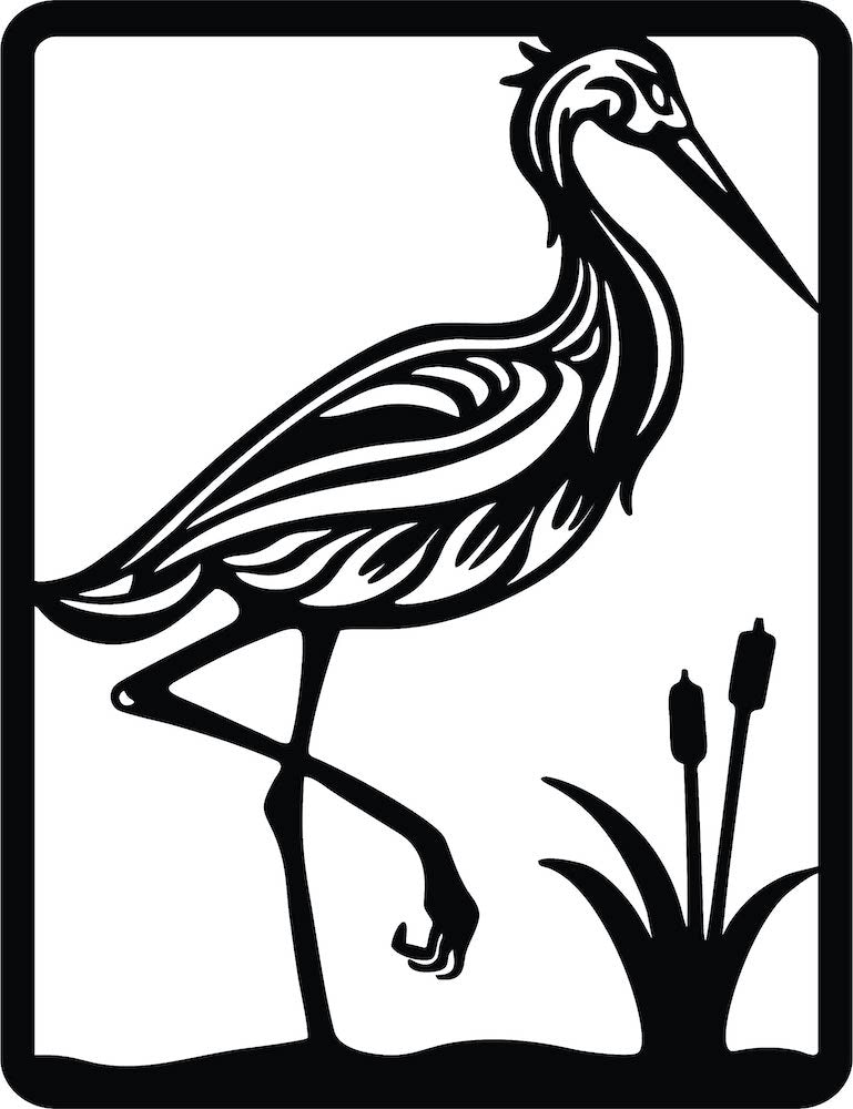 Elegant black MDF wall art featuring a heron standing near water plants, the image is the enlarged picture of the product.