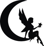Black MDF moon fairy wall decor featuring a delicate silhouette of a fairy sitting on a crescent moon holding a star, the enlarged image of the product.