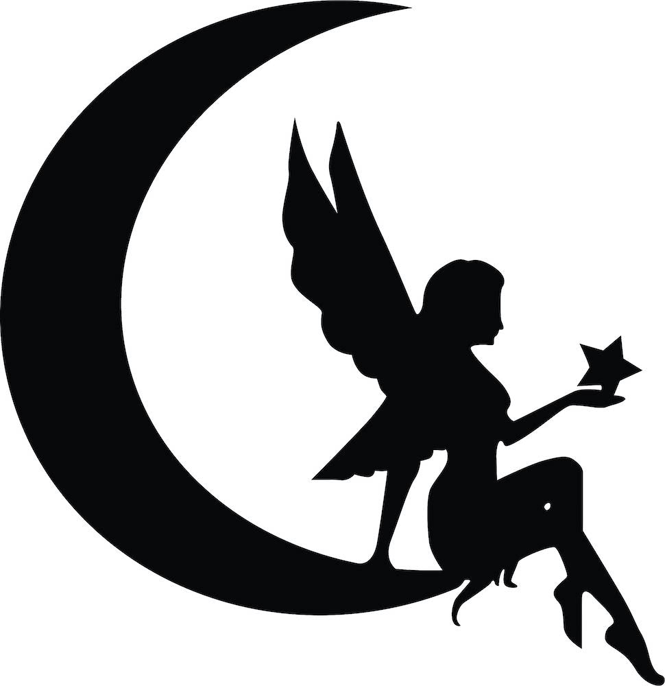 Black MDF moon fairy wall decor featuring a delicate silhouette of a fairy sitting on a crescent moon holding a star, the enlarged image of the product.
