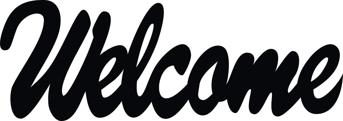 Black MDF wall art featuring the word "Welcome" in elegant cursive typography, focusing on the product.