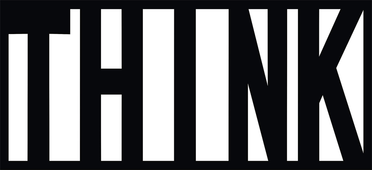 Black MDF wall art with the word "THINK" in bold typography, zooming in the product. 