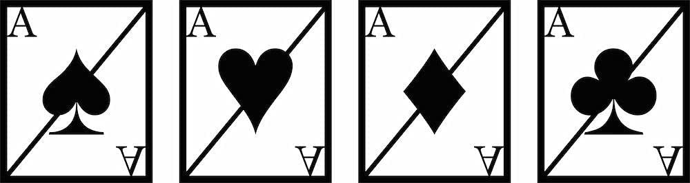 Set of four black MDF wall art pieces featuring playing card symbols (spade, heart, diamond, club) with "A" for Ace in a minimalist design.