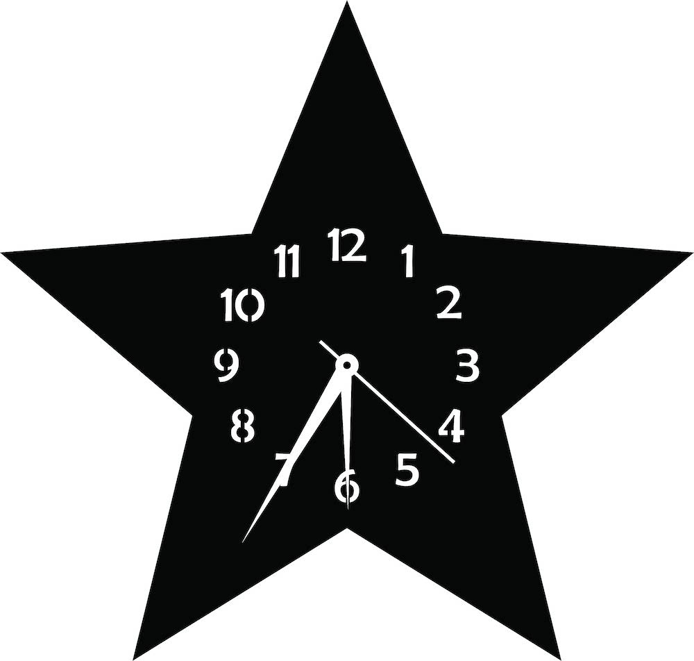 Black star-shaped MDF wall clock with white numerals, the image shows the enlarged picture of the product.