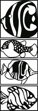 Modern fish wall decor featuring a vertical arrangement of four black frames with intricate fish designs, the enlarged image of the product.