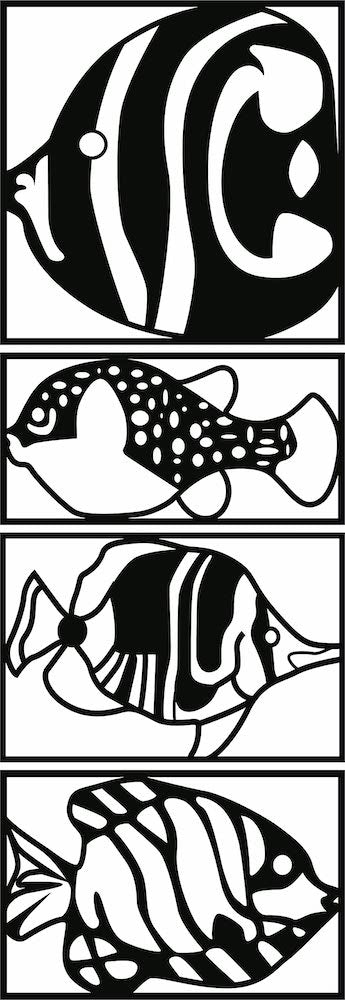 Modern fish wall decor featuring a vertical arrangement of four black frames with intricate fish designs, the enlarged image of the product.