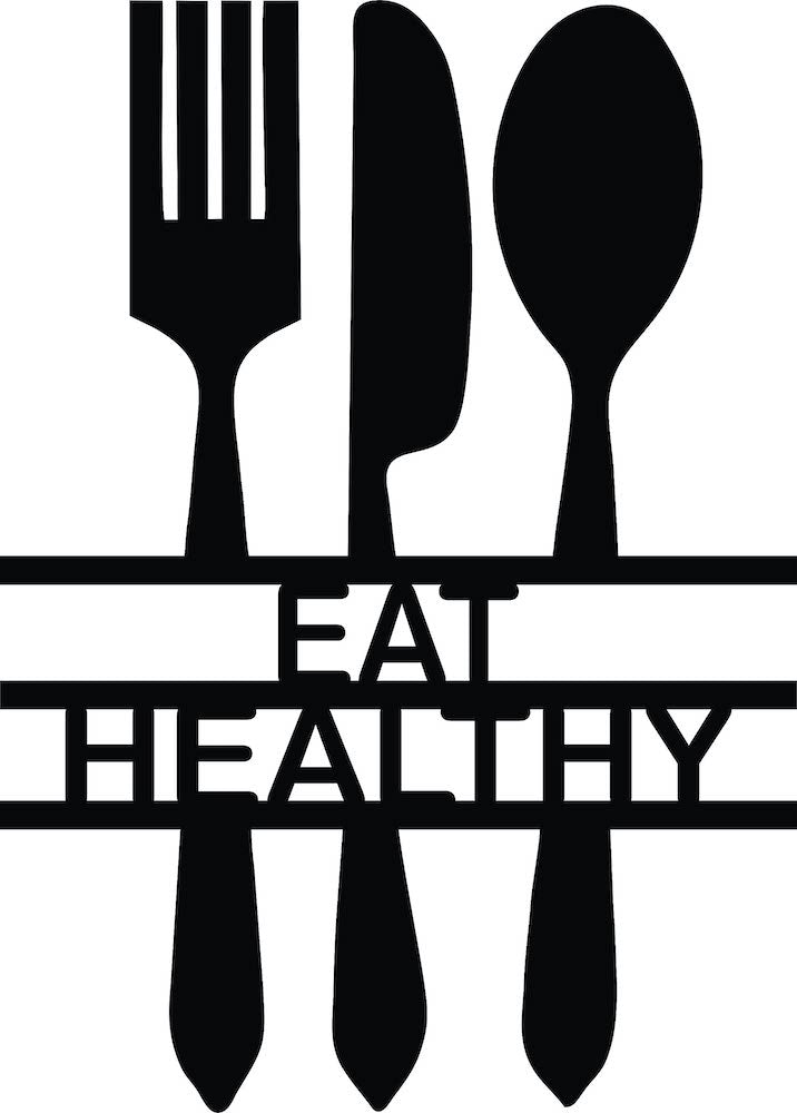 Modern black wall art with the words 'Eat Healthy' designed with cutlery silhouettes, zooming on the product.