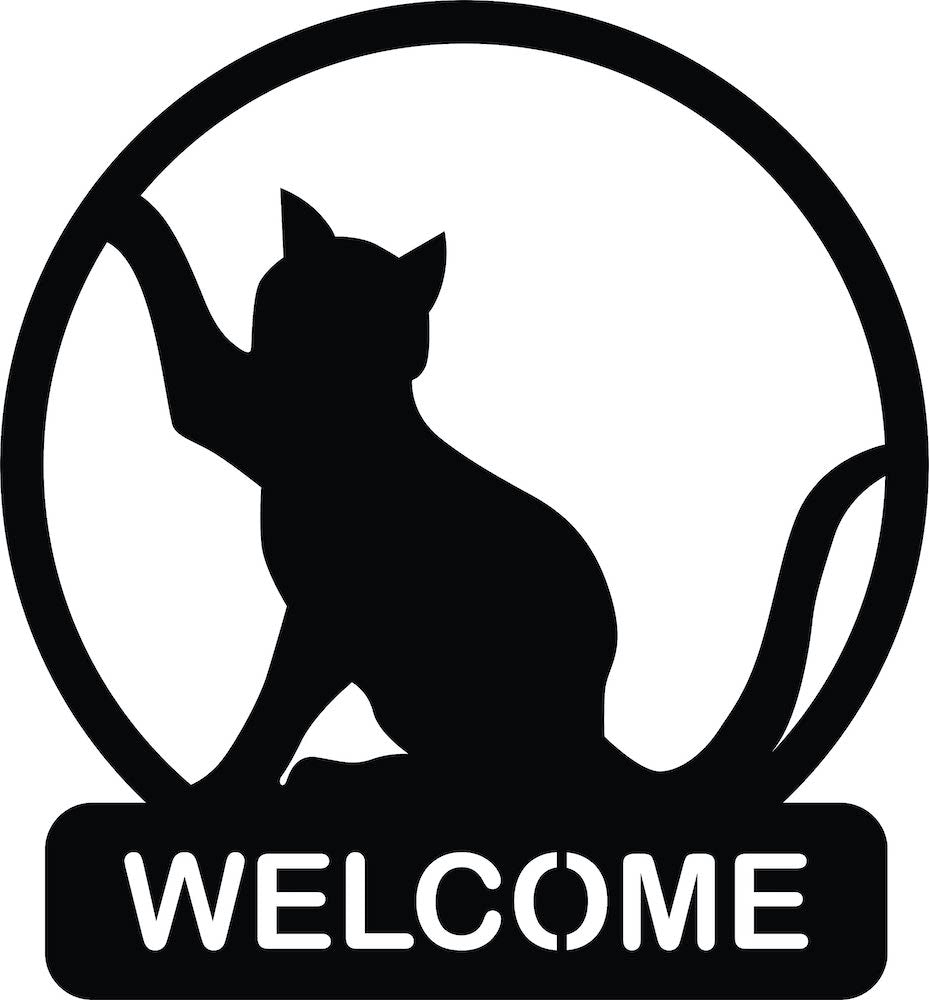 Black cat welcome sign board with a circular frame and the word 'WELCOME'. The image shows the enlarged product.