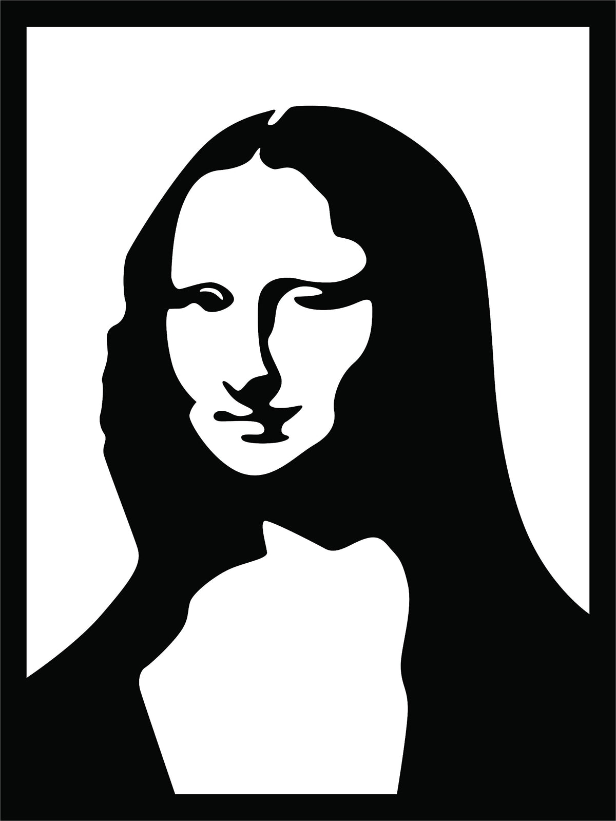 Modern minimalist Mona Lisa-inspired wall art in black silhouette displayed in a cozy living room. The image is the enlarged picture of the product.