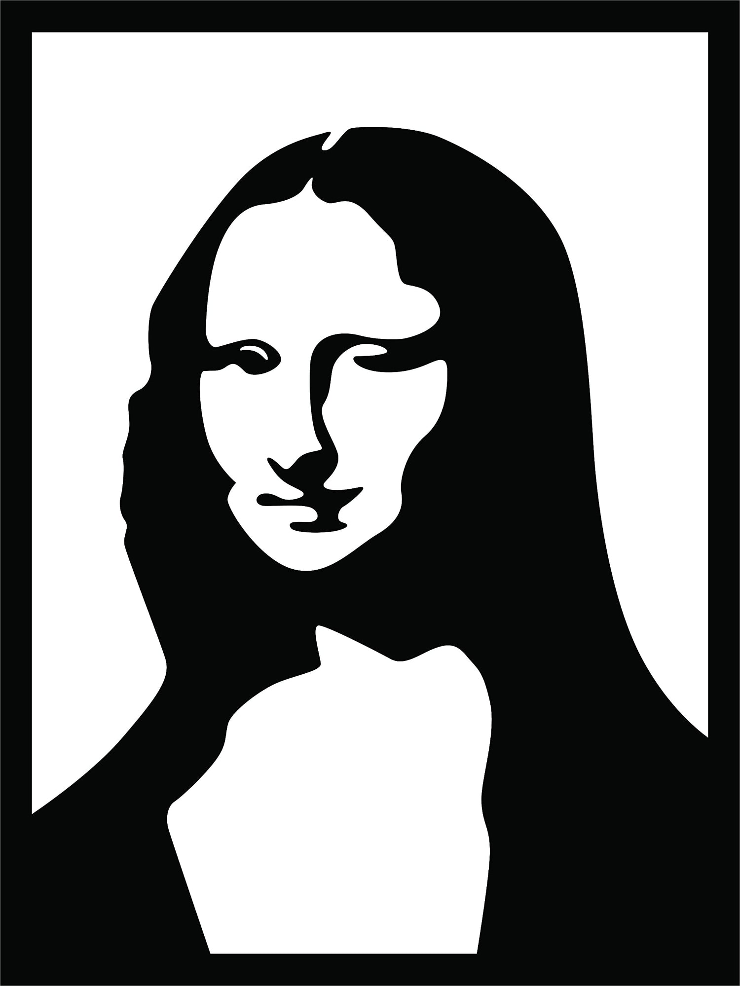 Modern minimalist Mona Lisa-inspired wall art in black silhouette displayed in a cozy living room. The image is the enlarged picture of the product.