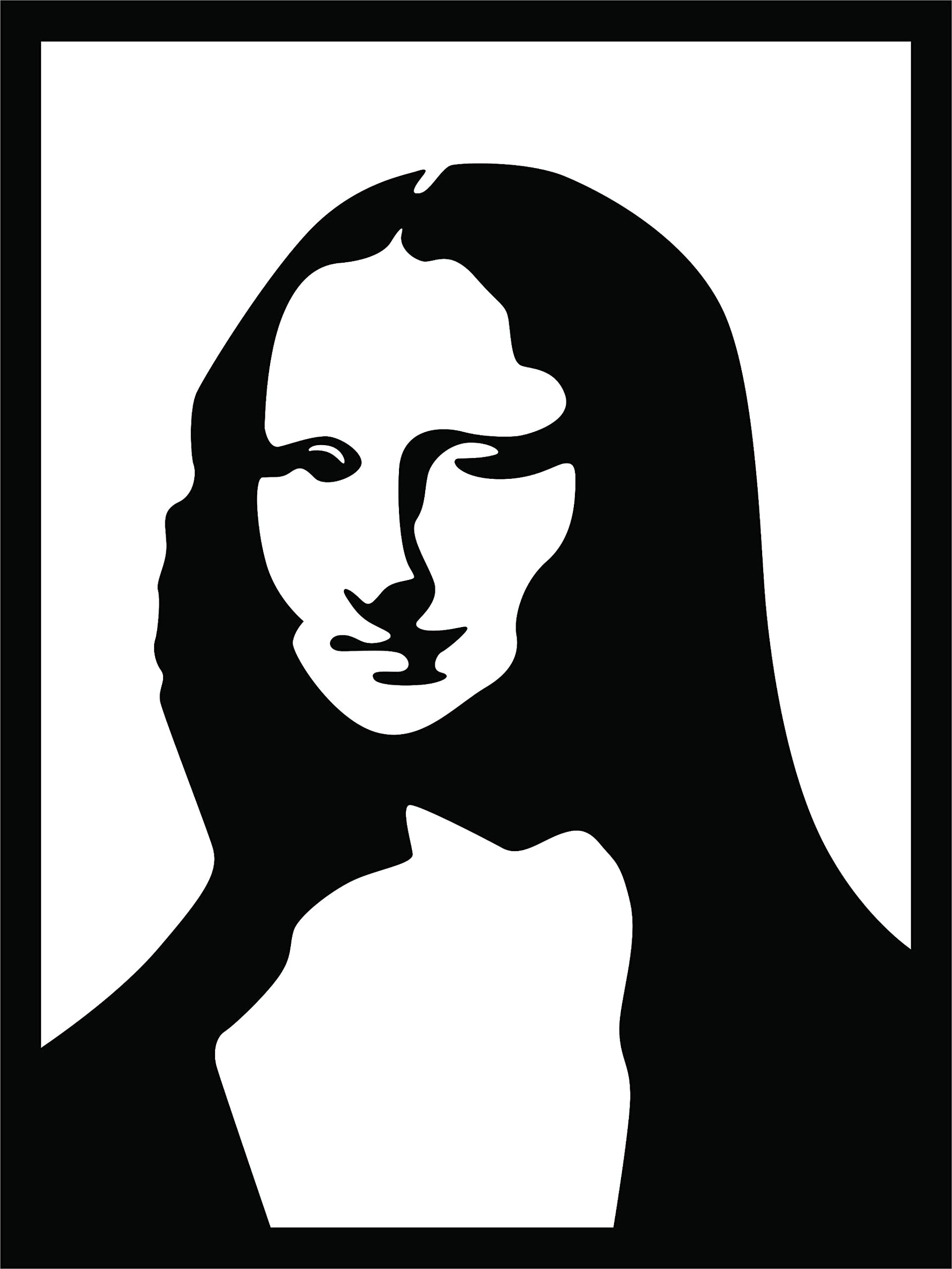 Modern minimalist Mona Lisa-inspired wall art in black silhouette displayed in a cozy living room. The image is the enlarged picture of the product.