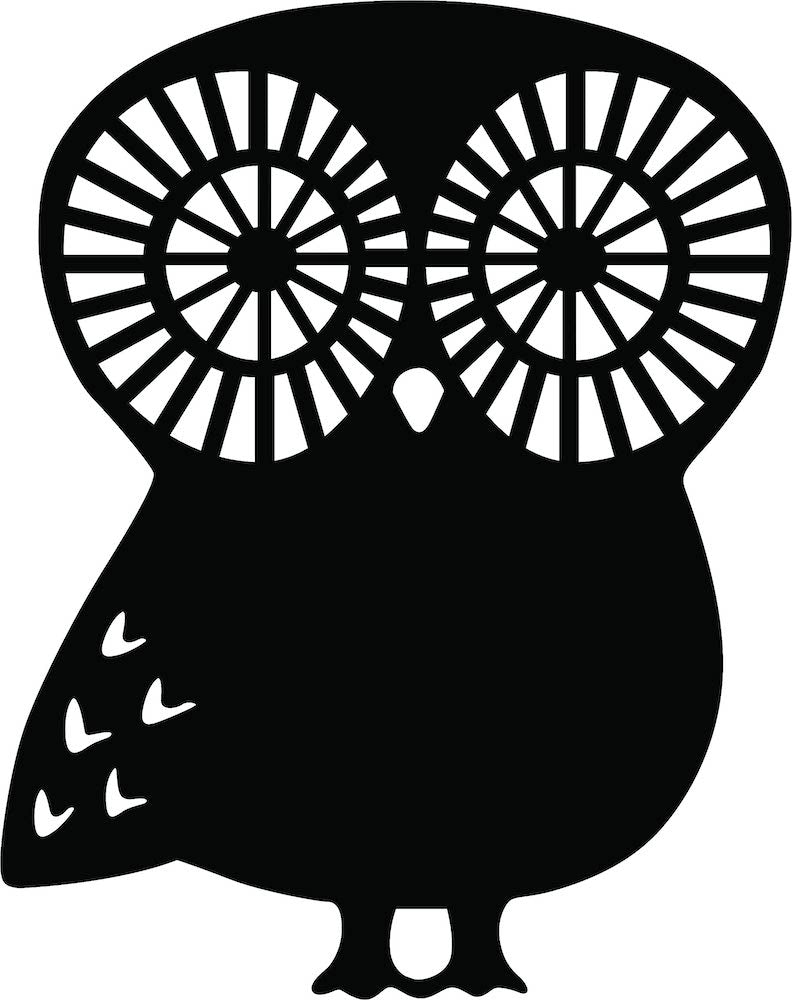 Black owl-shaped wall art with intricate circular eye patterns, the image is the enlarged picture of the product.