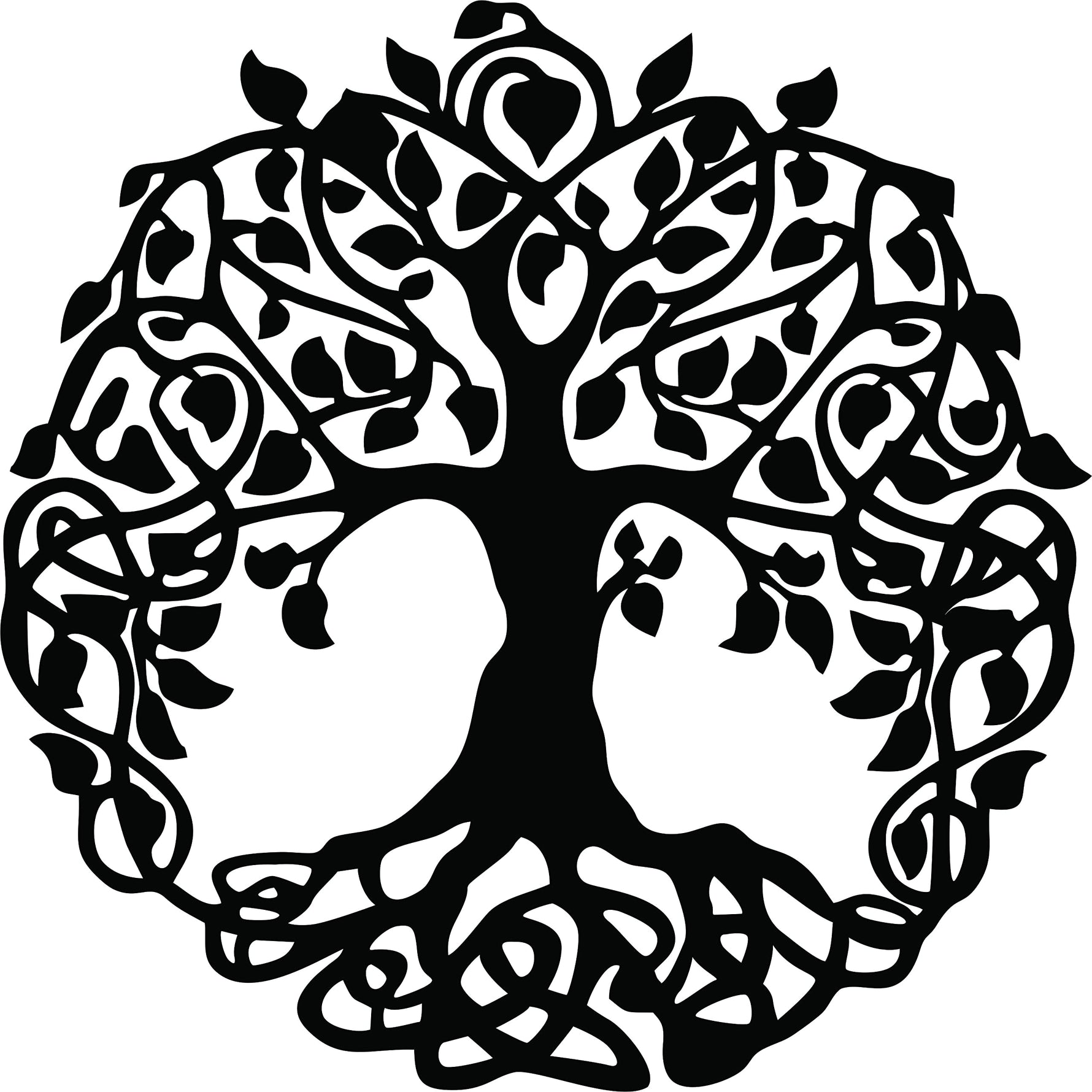 Round black wall art featuring an intricate tree of life design with Celtic-inspired roots and branches, the image is the enlarged picture of the product.