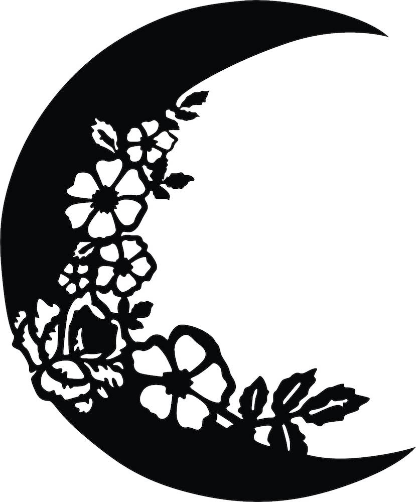 Crescent moon wall decor in black with intricate floral designs, the enlarged image of the product.