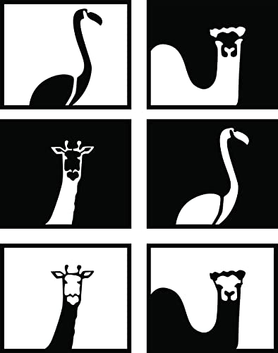 Set of six black MDF animal-themed frames featuring minimalist giraffe, camel, and swan designs, the image is an enlarged picture of the product.