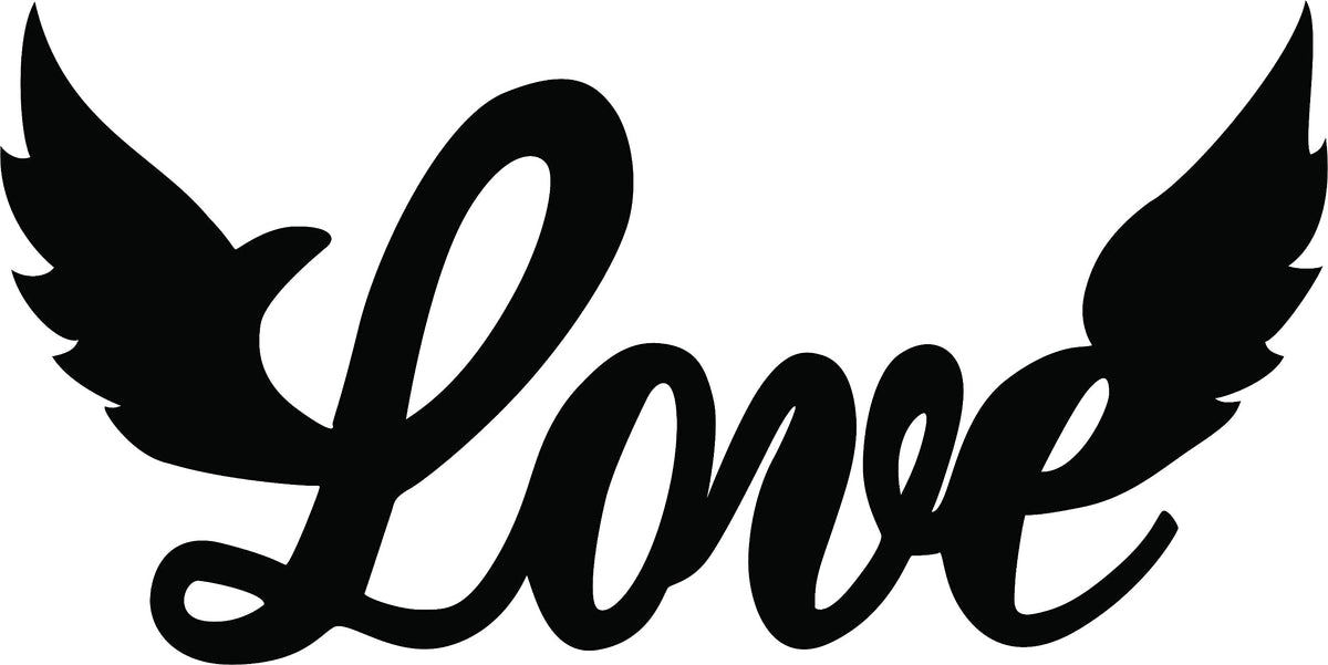  Black MDF wall art featuring the word "Love" with wings on either side, focusing on the product.