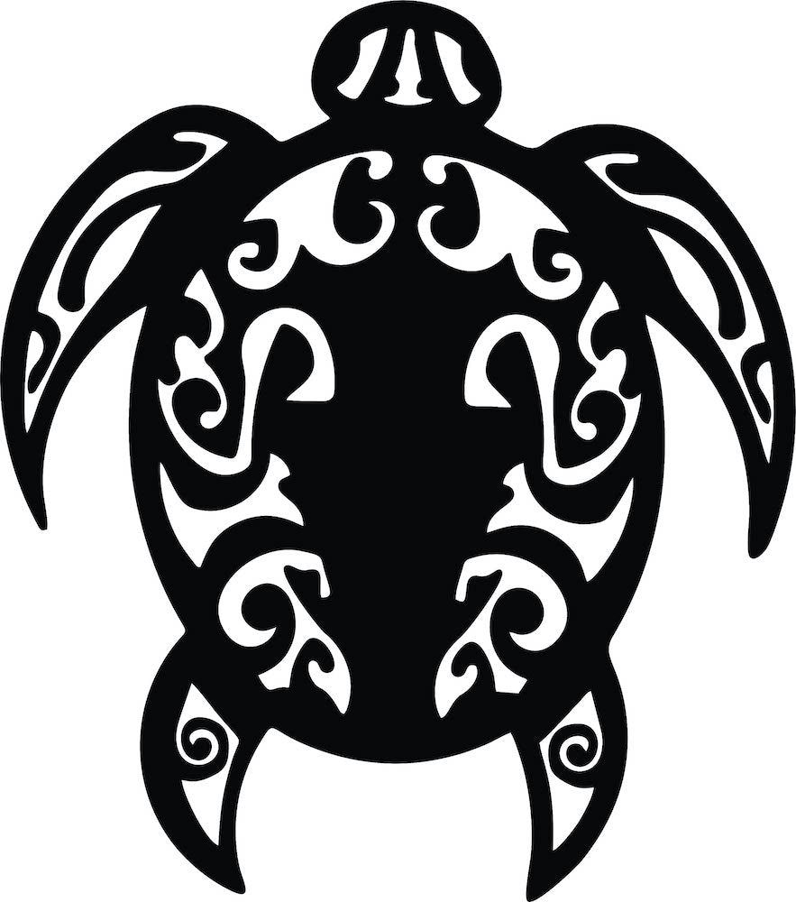 Intricate black MDF wall art of a tribal-style turtle design, the image is the enlarged picture of the product.