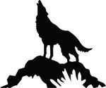 Black MDF wolf wall decor featuring a silhouette of a howling wolf standing on a rock, the enlarged image of the product.