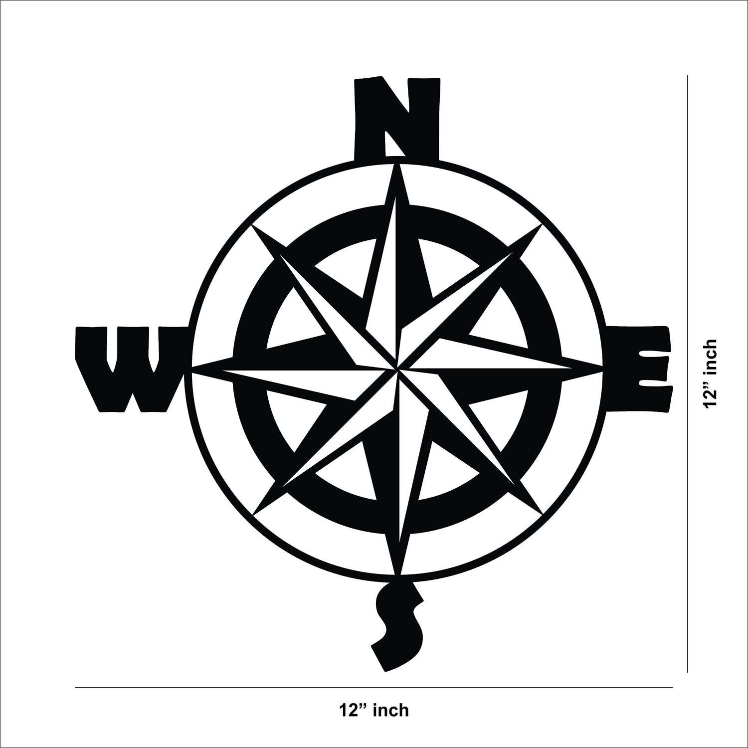 Black wall art featuring a compass design with cardinal directions (N, S, E, W), showing the dimensions of the product that is 12 inch by 12 inch.