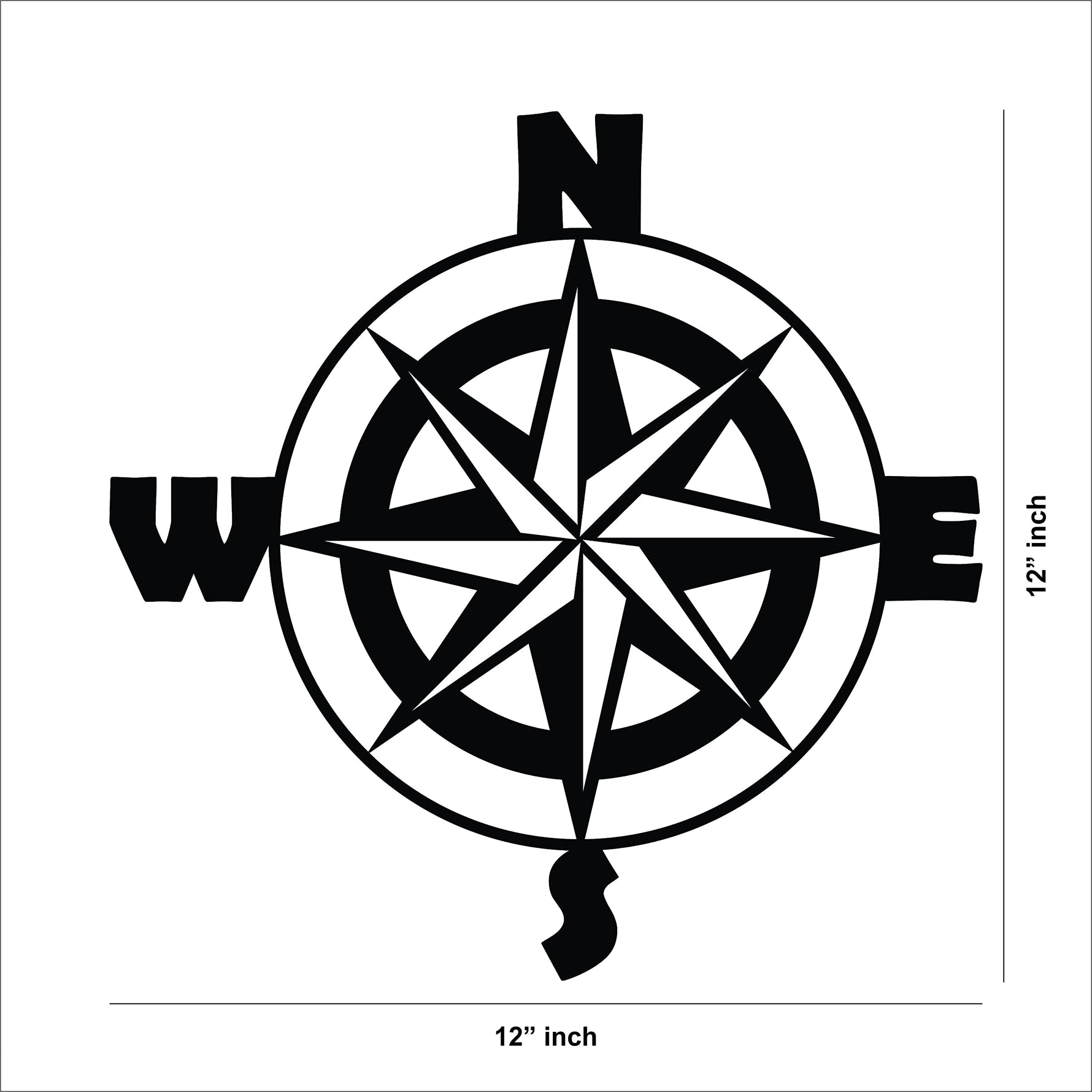 Black wall art featuring a compass design with cardinal directions (N, S, E, W), showing the dimensions of the product that is 12 inch by 12 inch.