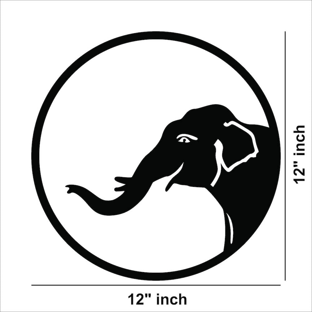 Round black MDF wall decor featuring a minimalist silhouette of an elephant head with a raised trunk, the dimensional image of the product with 12 inch diameter.