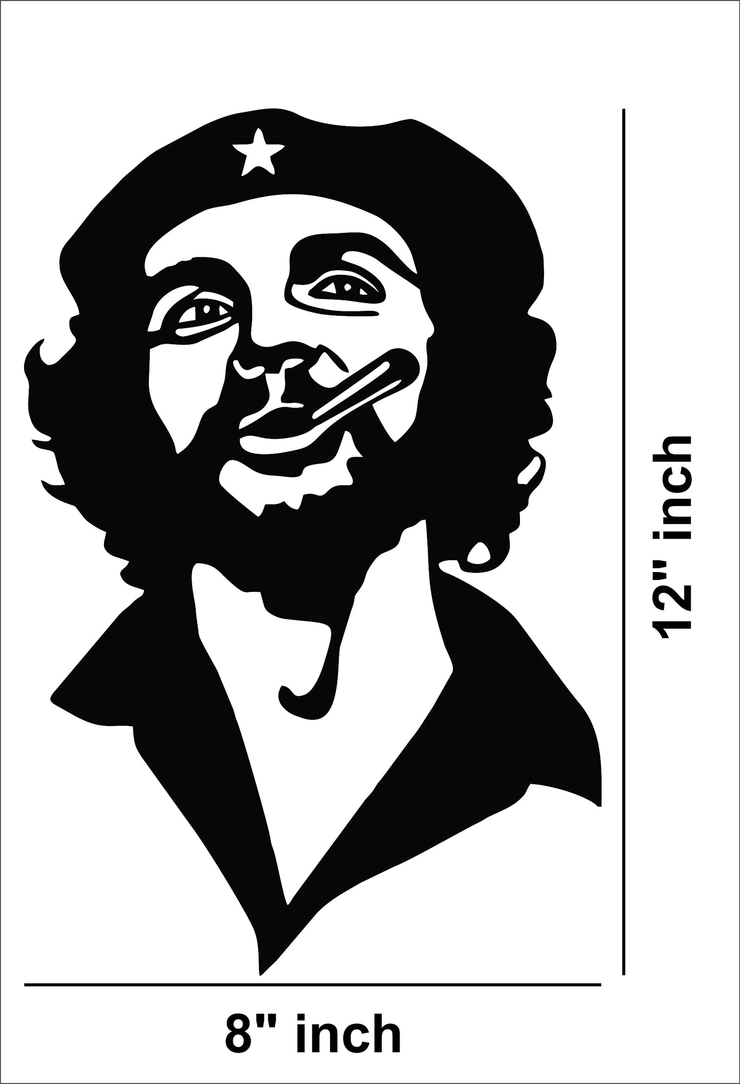 Black wall art featuring a stylized portrait design of a man with a cigar and a beret, showing the dimensions of the product that is 12 inch by 8 inch.