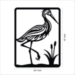 Elegant black MDF wall art featuring a heron standing near water plants, the dimensional image of the product shows the dimensions to be 12 inch by 9.2 inch.