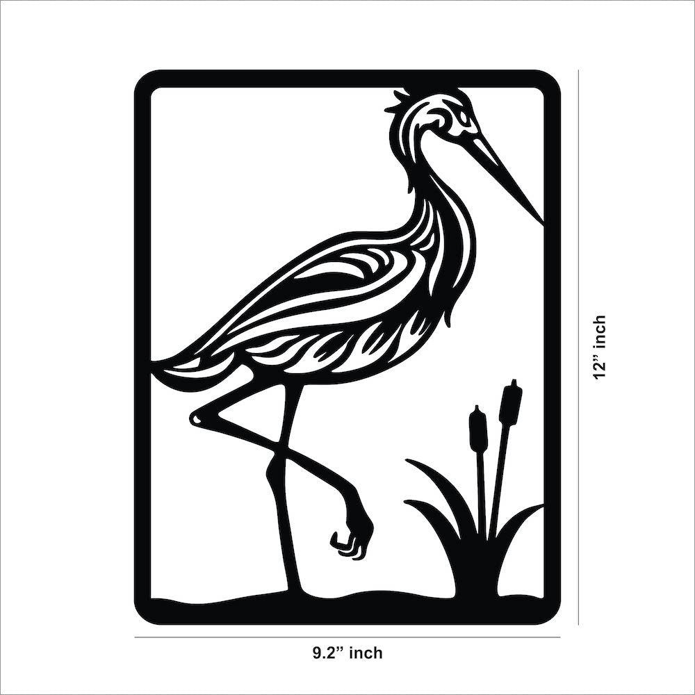 Elegant black MDF wall art featuring a heron standing near water plants, the dimensional image of the product shows the dimensions to be 12 inch by 9.2 inch.