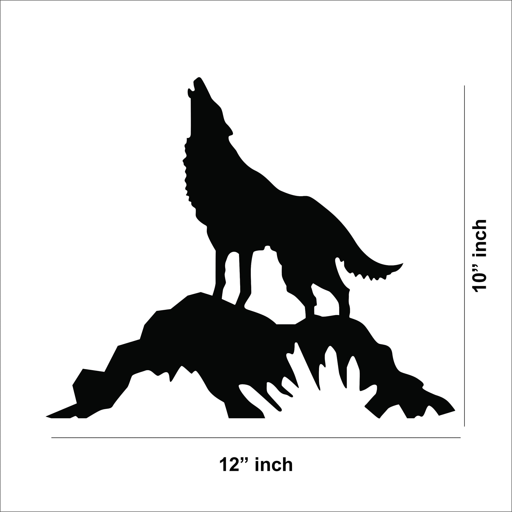 Black MDF wolf wall decor featuring a silhouette of a howling wolf standing on a rock, the dimensional image of the product with 10 inch by 12 inch dimensions.