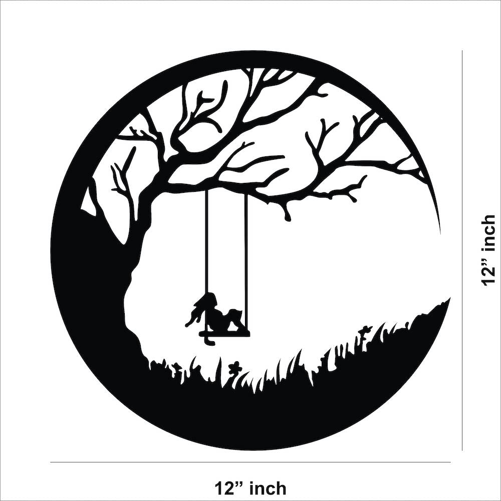 Black swing wall art featuring a circular design with a silhouette of a tree, swing, and child, the dimensional image of the product with 12 inch in diameter.