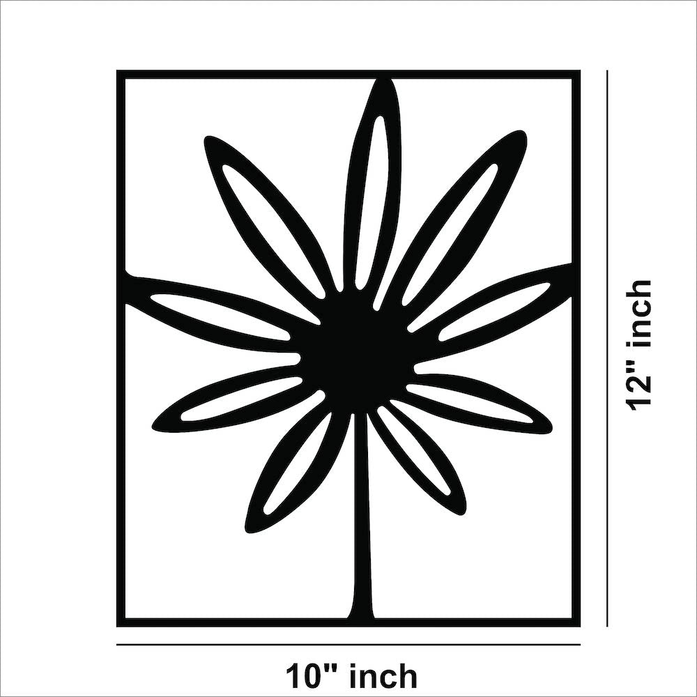 Minimalist black flower wall decor in a rectangular frame, the dimensional image of the product with 12 inch by 10 inch dimensions.