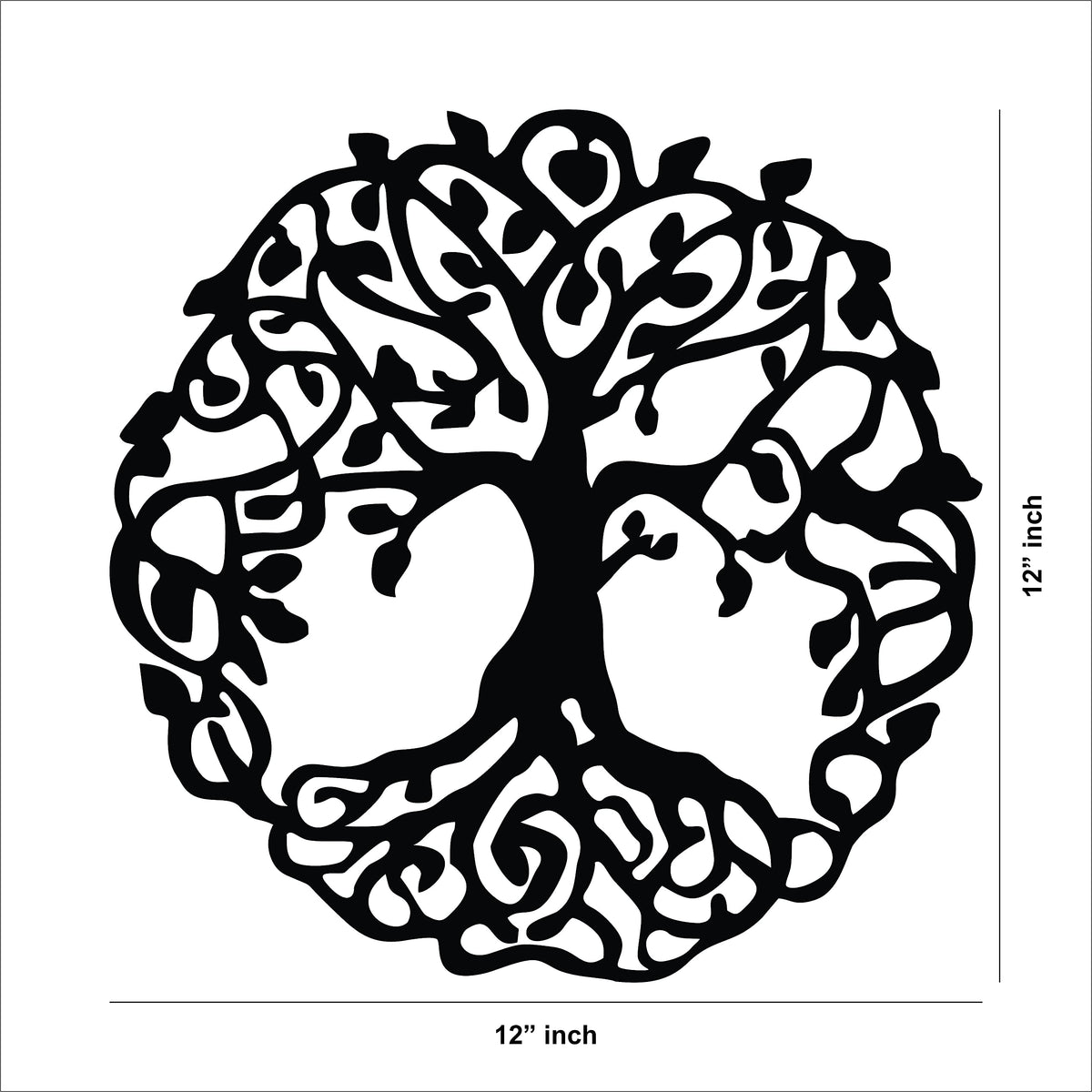 Black Bodh Tree wall decor with intricate detailing, the image shows the dimensions of the product that is 12 inch in diameter.