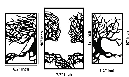 Black MDF tree wall decor featuring a stunning three-panel design with intricate branches forming abstract faces, the dimensional image of the product with different dimensions for each frame.