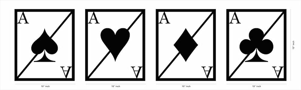 Set of four black MDF wall art pieces featuring playing card symbols (spade, heart, diamond, club) with "A" for Ace  with the size of the wall art.