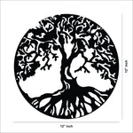 Round black wall art featuring an intricate tree of life design with visible roots, the dimensional image of the product shows the dimension of the product to be 12 inch in diameter.