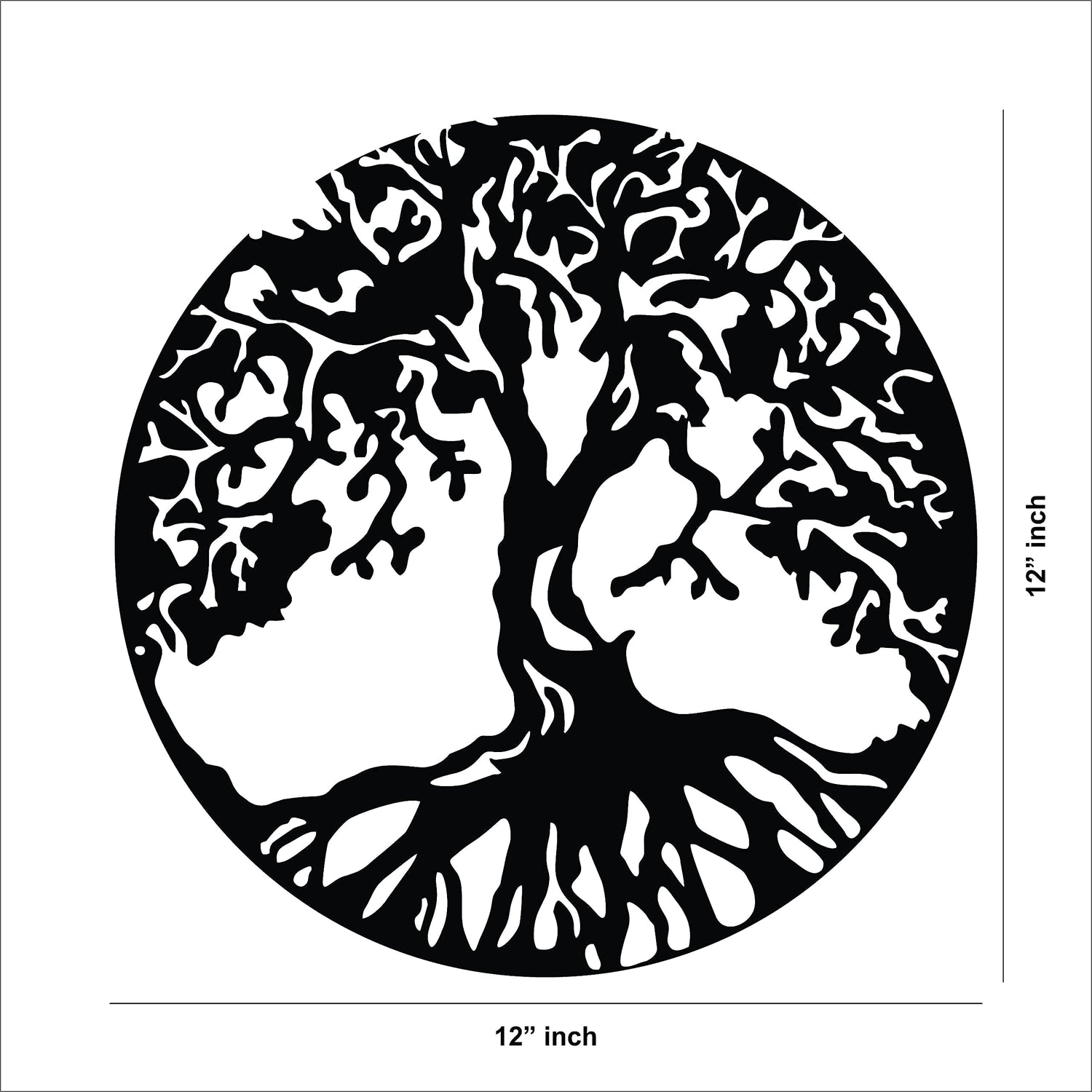 Round black wall art featuring an intricate tree of life design with visible roots, the dimensional image of the product shows the dimension of the product to be 12 inch in diameter.