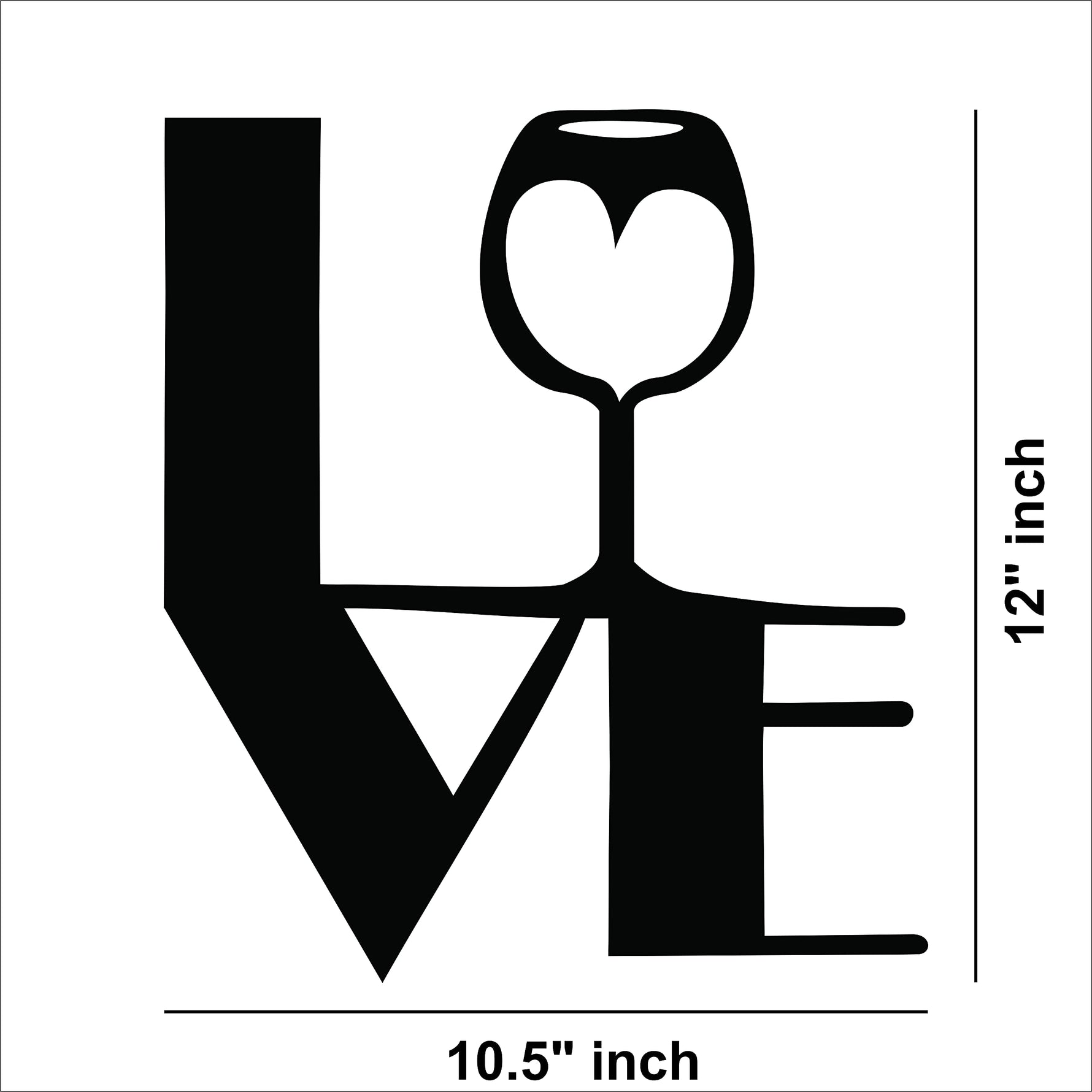 Black love-themed wall art featuring a wine glass design incorporated into the word 'LOVE,' the dimensional image of the product with 12 inch by 10.5 inch dimensions.