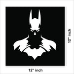 Batman wall decor featuring a sleek black and white silhouette design, the image shows the dimensions of the product that is 12 inch by 12 inch.
