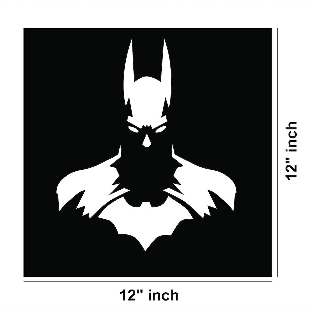 Batman wall decor featuring a sleek black and white silhouette design, the image shows the dimensions of the product that is 12 inch by 12 inch.