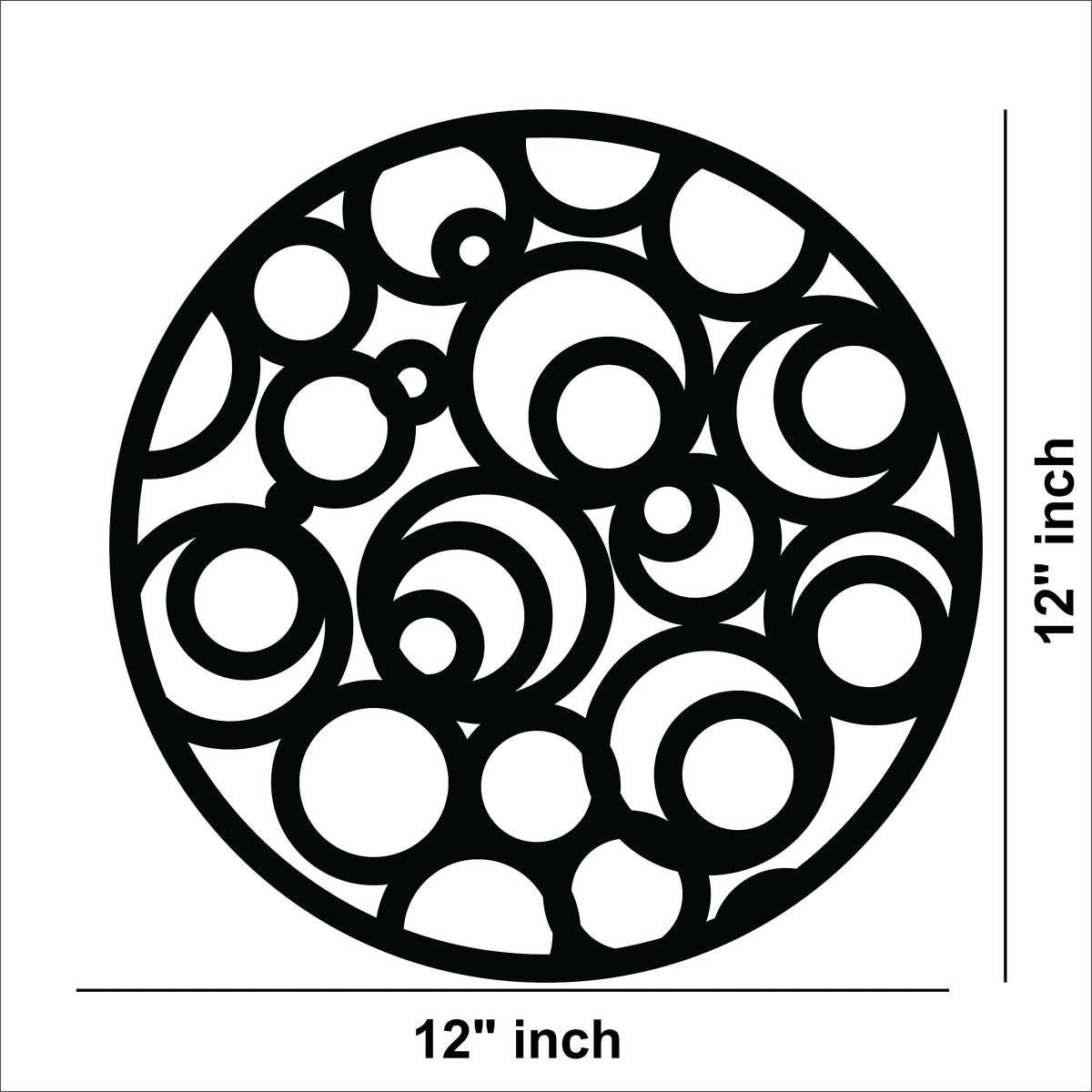 Circular black MDF wall art with abstract cutout patterns of overlapping circles, the image shows the size of the product that is 12 inch in diameter.