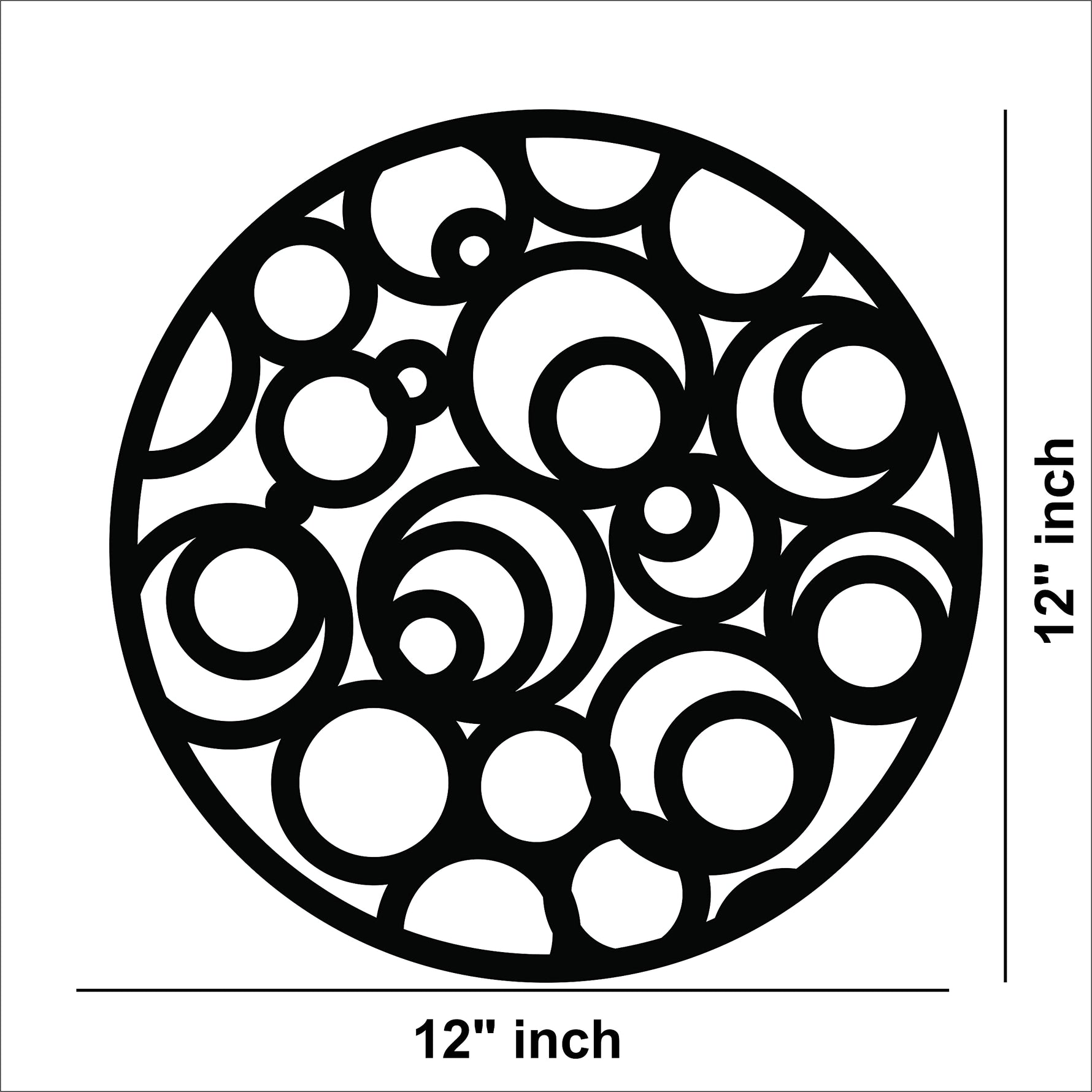 Circular black MDF wall art with abstract cutout patterns of overlapping circles, the image shows the size of the product that is 12 inch in diameter.